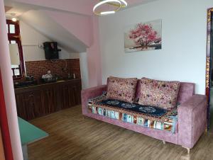 a living room with a purple couch in a room at Cosmic Buddha Bnb in Gangtok