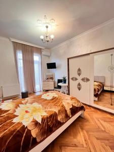a bedroom with a large bed and a mirror at Kobuleti stay inn in Kobuleti +39 photos