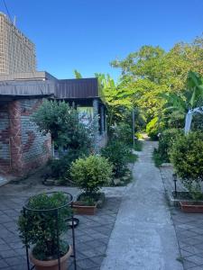 a garden with potted plants and a brick building at Kobuleti stay inn in Kobuleti