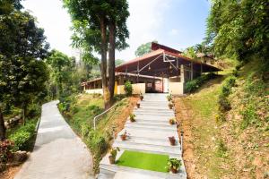 ein Haus auf einem Hügel mit einer Holztreppe in der Unterkunft The Nest Bettathur, Coorg in Madikeri