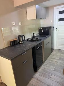 a kitchen with a stove and a counter top at Domek MajAmi in Turawa