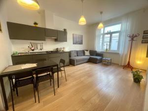 a kitchen and living room with a table and a couch at Residence Neverin Luxury Apartments-Private Garage in Trieste