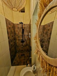 a bathroom with a shower and a toilet and a mirror at CHÂTELET Ouarzazate in Tabount +37 photos