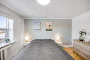a bedroom with a bed and two lamps on two tables at FeWo Vidstrup Have in Vidstrup