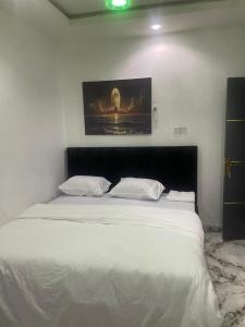 a bedroom with a large white bed with a picture on the wall at Apartment 67 in Akinyele