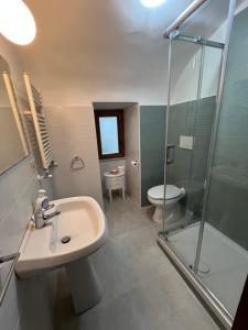 a bathroom with a sink and a shower and a toilet at Short let SanRocco in Olevano Romano +30 photos