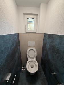 a small bathroom with a toilet with a window at Ferienhaus Fünf Täler in Geislingen an der Steige +1 photo