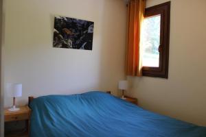 a bedroom with a blue bed and a window at Les cerfs in Roubion