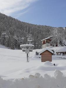 a snow covered yard with a house in the background at Les cerfs in Roubion +4 photos