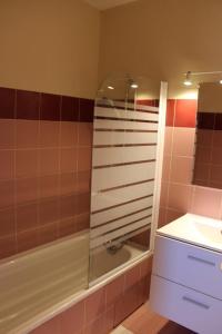 a bathroom with a tub and a sink and a mirror at Les biches in Roubion