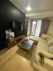 a living room with a couch and a flat screen tv at Cozy apartment for a comfortable vacation in Itʼkhvisi