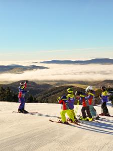 a group of children on skis on a snow covered slope at Butikowe apartamenty w Sudetach - TRZY MORZA - pod górą Trójmorski Wierch in Jodłów +153 photos