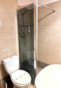 a bathroom with a toilet and a shower at Rezydencja Rosato in Mirkow
