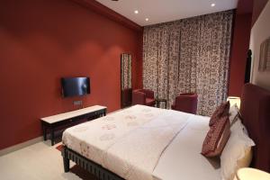 a bedroom with a bed and a desk and a television at The Solo House in Jodhpur