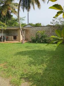 a yard with a house and a palm tree at Jaya Rest house in Unawatuna