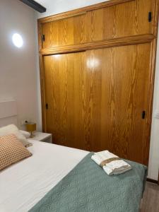 a bedroom with a bed with a wooden wall at Mini Peixcateria A in Sagunto