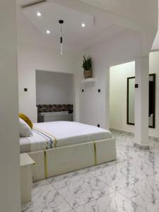 a bedroom with a large bed in a white room at Studio de luxe avec jacuzzi in Porto-Novo