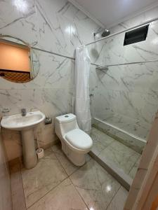 a bathroom with a toilet and a sink and a shower at Departamento Helen in Termas de Río Hondo