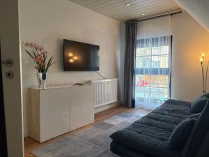 a living room with a couch and a flat screen tv at Schäferstr 43 in Peine
