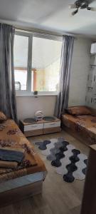 a bedroom with three beds and a window and a rug at Спа къща Нико in Elkhovo