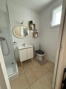 a bathroom with a toilet and a sink and a mirror at Duplex proche aéroport CDG et Paris in Sarcelles +7 photos