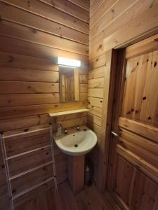 a bathroom with a sink and a mirror and wooden walls at Eas Lodge in Tobermory