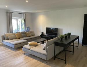 a living room with two couches and a television at Le Patio de l'Isle 2nd Duplex in Périgueux