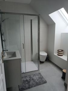a bathroom with a glass shower and a toilet at Gite les trois Petiots in Pirou +15 photos