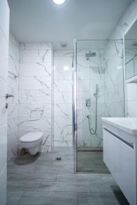 a bathroom with a shower and a toilet and a sink at Renome apartmani in Banja Koviljača +147 photos