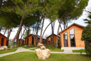 a house with a large rock in the yard at Kriva Resort in Elbasan