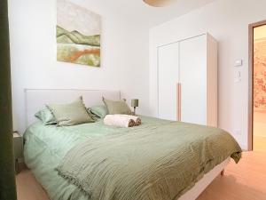 a bedroom with a bed with a green comforter at Maison Nova in Talant +107 photos