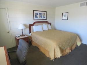 a bedroom with a bed and a chair and a lamp at Economy Inn in Socorro