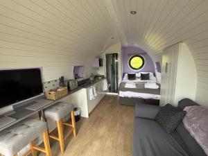 a room with a bedroom and a bed and a tv at Four Paws Glamping in Aberystwyth