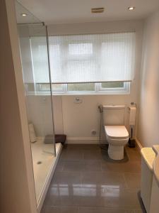 a bathroom with a toilet and a glass shower at Hillhouse in Hythe +16 photos