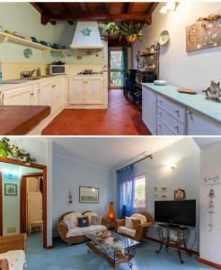 a kitchen and a living room with a counter at Mimí sea house in Pollina