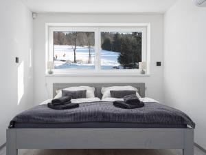a bed in a white room with a window at Resort Alpalouka in Špičák