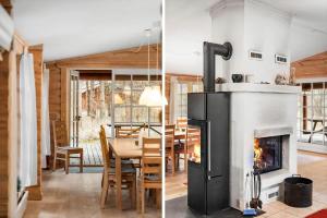 a kitchen and a dining room with a fireplace at HA398-Saeby-Kulmulevej-9 in Lyngså +15 photos