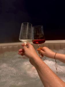 two people holding glasses of wine in a bathtub at Amumi Lacul Bicaz - Casuta Infinity in Buhalniţa +17 photos