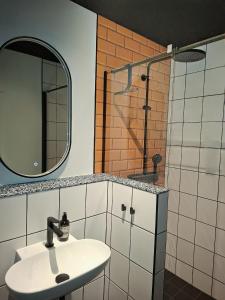a bathroom with a sink and a shower and a mirror at KulturHaus Locktow in Locktow