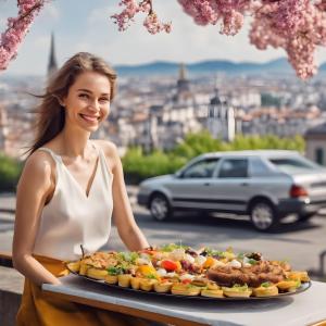 a woman holding a tray of food with a plate of food at casa lontana only genius in Borgofranco dʼIvrea