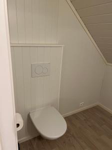 a white bathroom with a toilet with a toilet paper dispenser at Lofoten - Spacious Room in Vestvågøya