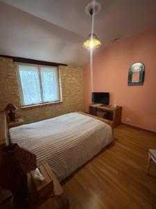 a bedroom with a large bed and a television at La Ferme de Francois in Saudron