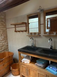 a bathroom with a sink and a mirror at La Ferme de Francois in Saudron