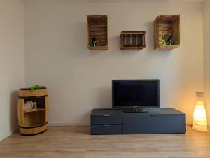 a living room with a tv on a table at Weinbergnest in Bad Dürkheim