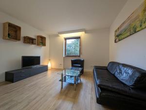 a living room with a couch and a television at Weinbergnest in Bad Dürkheim