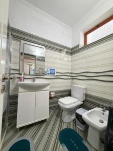 a bathroom with a sink and a toilet and a mirror at Guest House Flowers in Berat