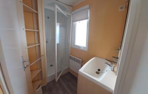 a bathroom with a white sink and a shower at location mobile home proche de la mer in Hermanville-sur-Mer