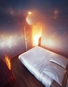 a bed in a room with a night sky at X1 Chambre appartement T3 cohabitation partie commune et salon in Chambéry
