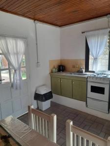 a kitchen with green cabinets and a stove at Ave del Paraíso in Colón