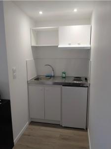 a small kitchen with a sink and a counter top at Le Petit Rhuys-parking-wifi in Surzur +3 photos